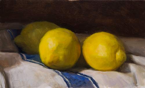 daily painting titled Three Lemons on a French Cloth