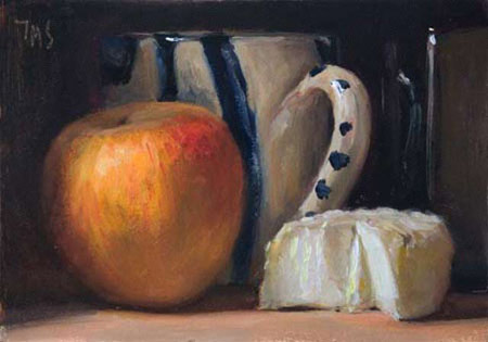 daily painting titled Still Life with Apple, Goats Cheese, Cup and Bottle
