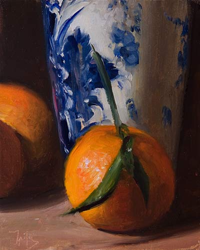 daily painting titled Clementines and Delft Vase