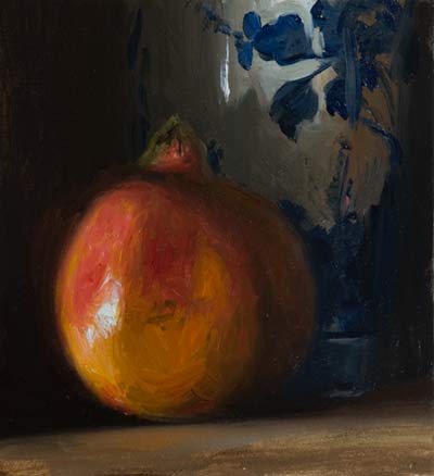 daily painting titled Pomegranate and Delft Vase