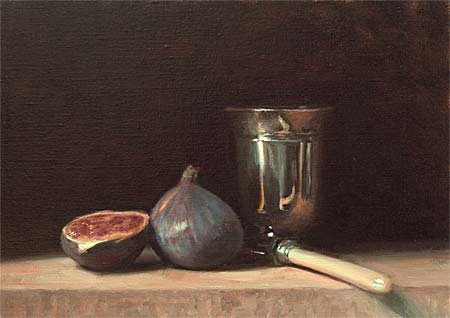 daily painting titled Still Life with Figs, Knife and Silver Goblet