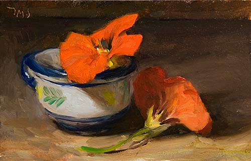 daily painting titled Nasturtiums and Coffee Cup