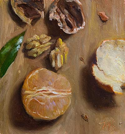 daily painting titled Cracked Walnuts and Peeled Clementine