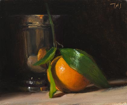 daily painting titled Still life with clementine and silver goblet