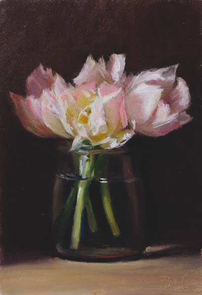 daily painting titled Tulips in a jam jar