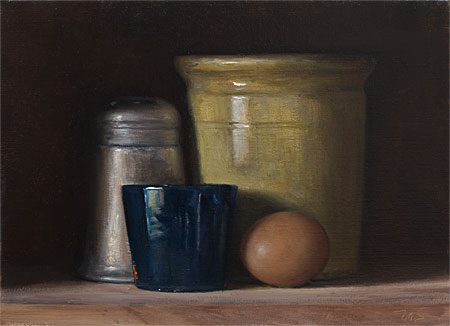 daily painting titled Still Life with egg, cup, flour sifter and confit pot