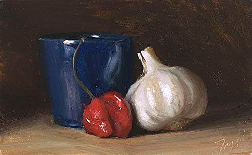 daily painting titled Still Life with cup, chili and head of garlic