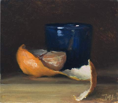 daily painting titled Still life with cup and clementine half