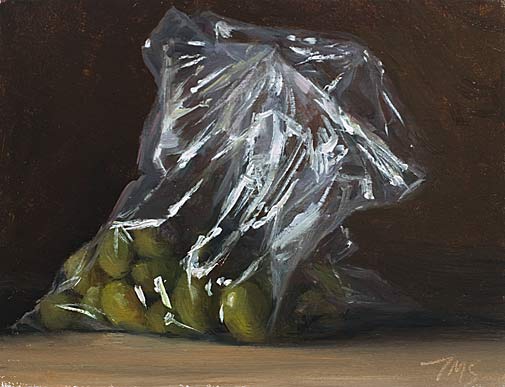 daily painting titled Olives in a plastic bag