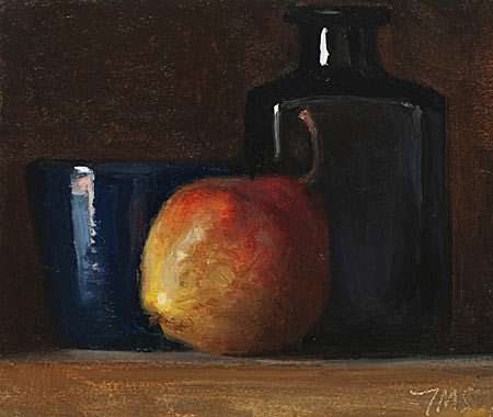 daily painting titled Still life with Pear, cup and bottle