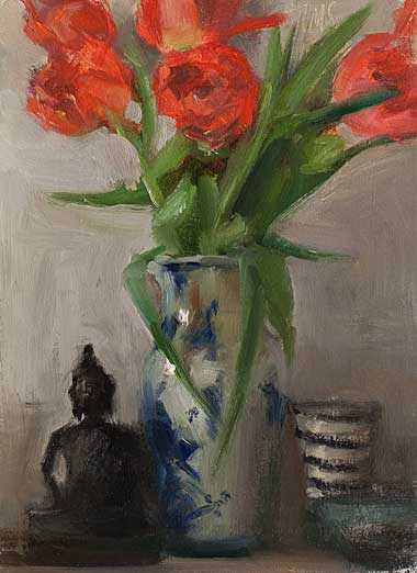 daily painting titled Tulips and Buddha