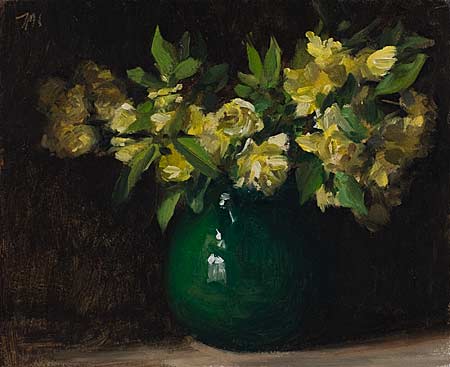 daily painting titled Lady Banks' rose in a green vase