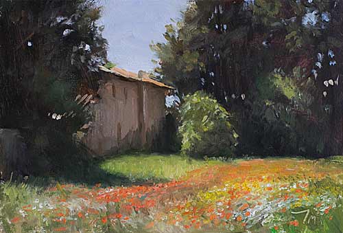 daily painting titled House with poppies and wildflowers