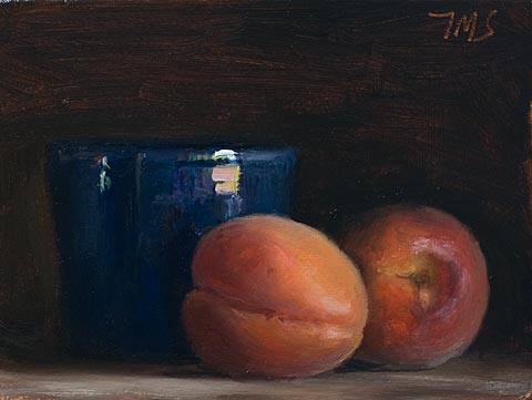 daily painting titled Blue cup and apricots