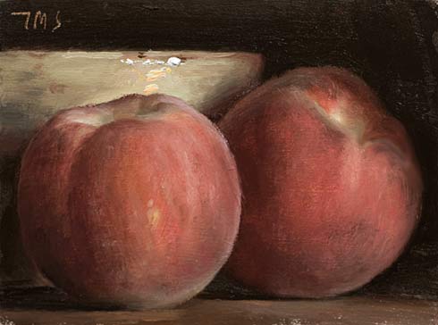 daily painting titled Still life with peaches and faisselle pot