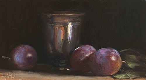 daily painting titled Still life with plums and silver goblet