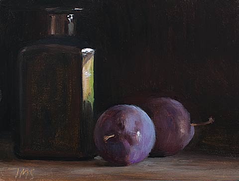 daily painting titled Still life with bottle and plums