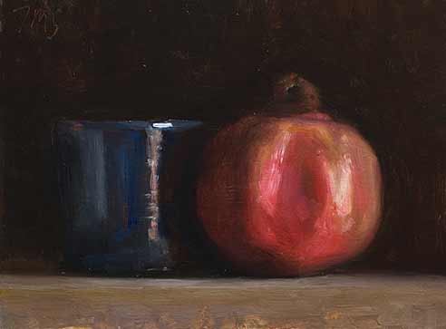 daily painting titled Still life with pomegranate and blue cup