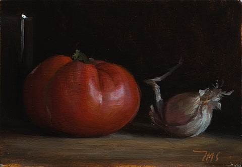 daily painting titled Still life with tomato, garlic and bottle