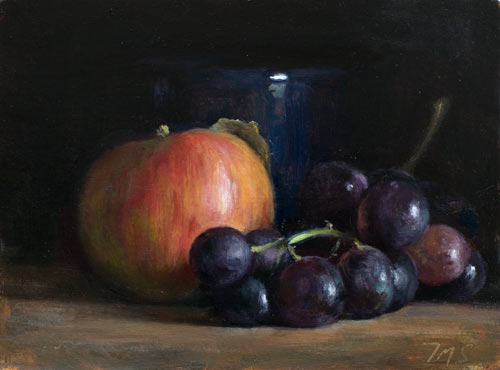 daily painting titled Still life with apple, grapes and cup