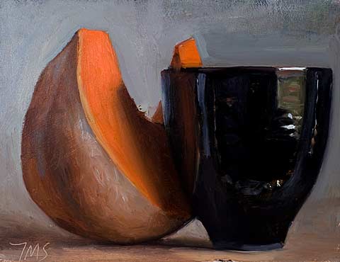 daily painting titled Pumpkin slice with black bowl