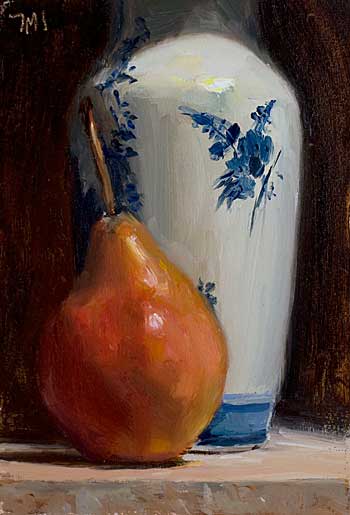 daily painting titled Red pear with Delft vase
