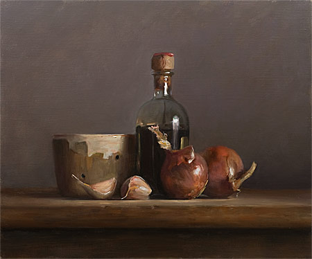 daily painting titled Still life with onions, garlic, balsamic and faiselle