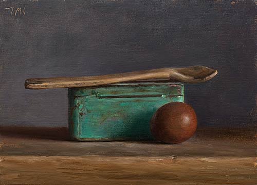 daily painting titled Still Life with blue tin, egg and wooden spoon
