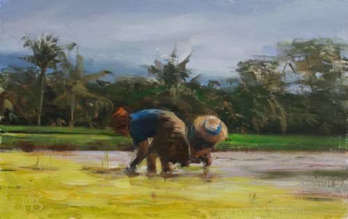 daily painting titled Working in the rice paddies