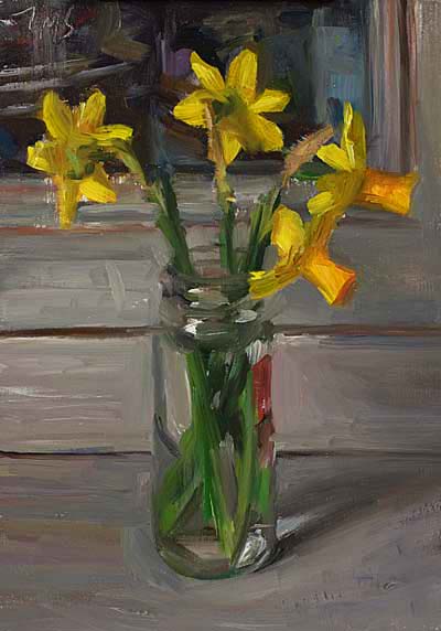 daily painting titled Jonquils in a spice jar
