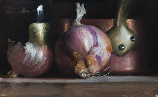 daily painting titled Roscoff onion with copper pan