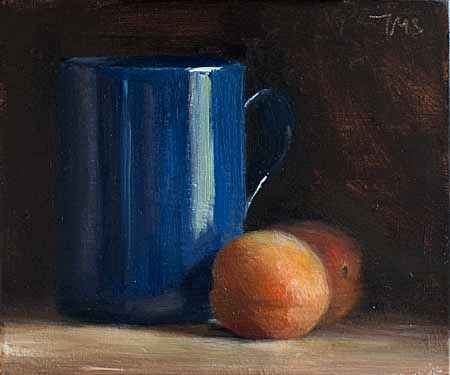 daily painting titled Apricots with blue mug
