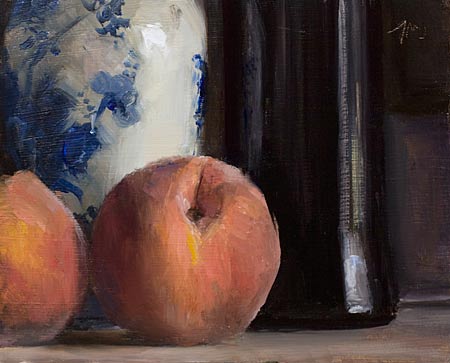 daily painting titled Peaches, bottle and Delft vase