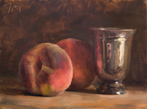 daily painting titled Still life with peaches and silver cup