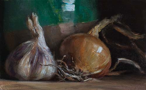 daily painting titled Onion, garlic and confit pot