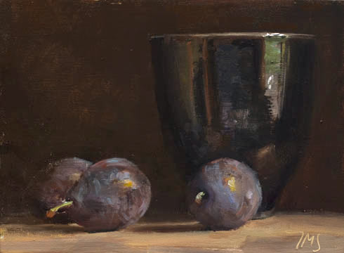 daily painting titled Blue plums with black bowl
