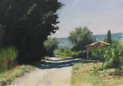 daily painting titled Track with cypresses and cabanon