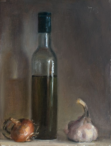 daily painting titled Onion, bottle and garlic