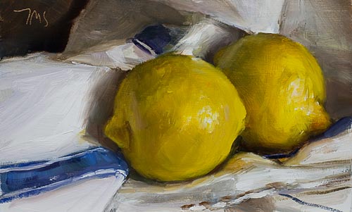 daily painting titled Two lemons on a french cloth