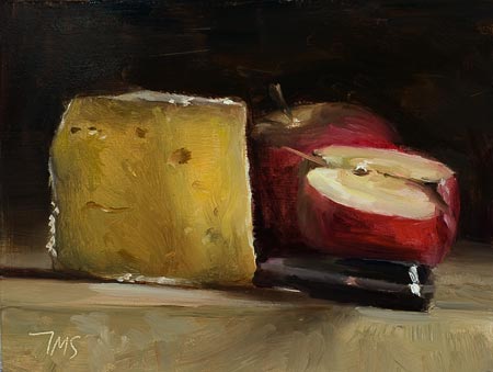 daily painting titled Tomme de chevre, apples and sabatier