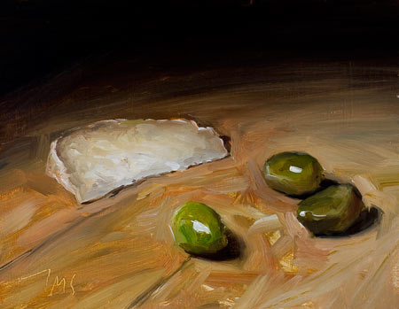 daily painting titled Cheese slice and green olives