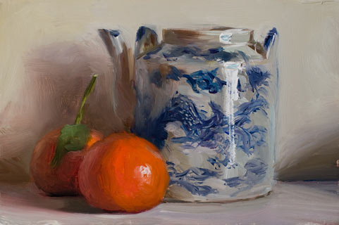 daily painting titled Chinese teapot and clementines