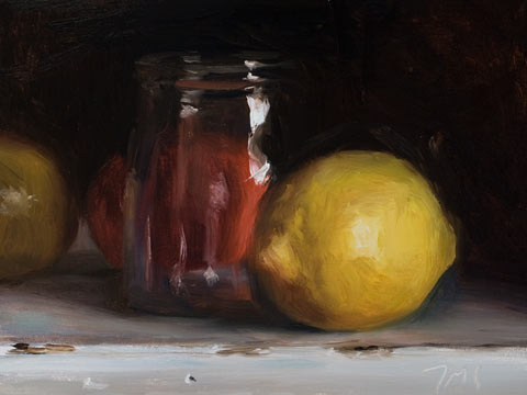 daily painting titled Lemons, jar and clementine