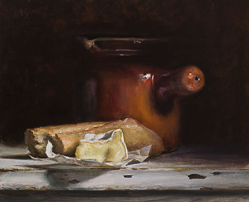 daily painting titled Still life with jug, bread and Camembert 