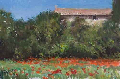 daily painting titled House and poppyfield