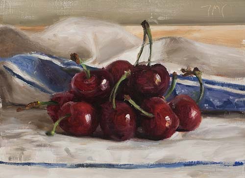 daily painting titled Cherries on a french cloth