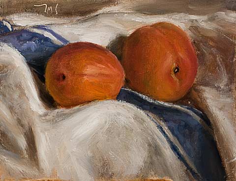 daily painting titled Apricots on a French cloth
