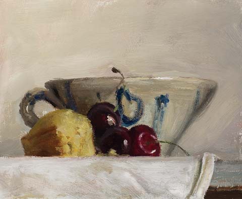 daily painting titled Cherries, cake and cup