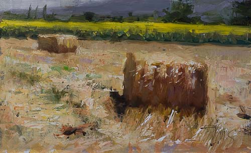 daily painting titled Hay bales and sunflowers