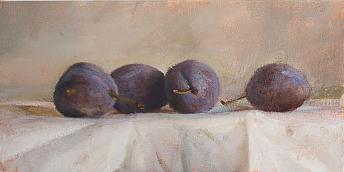 daily painting titled Plums on white cloth